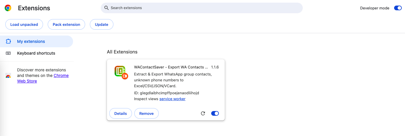 WA Contacts Saver chrome extension install done